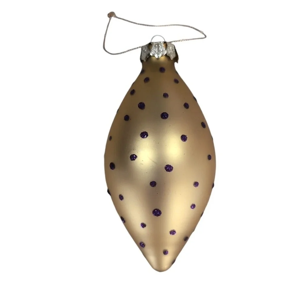 Christmas Ornaments Lot Of 3 Satin Finish‎ Glass Gold Purple Dots Retro 5.5 Inch